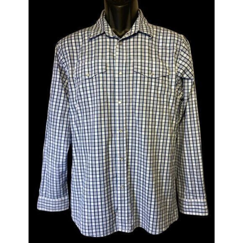 Wrangler Mens 2XL Blue Plaid Long Sleeve Pearl Snap Button Up Western Shirt